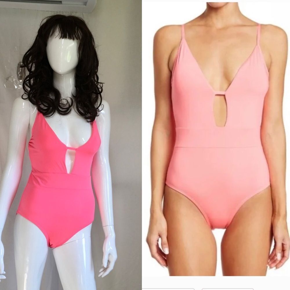 New Becca Barbie Pink Color Plunge Cut Out One Piece Swim Suit Size Large